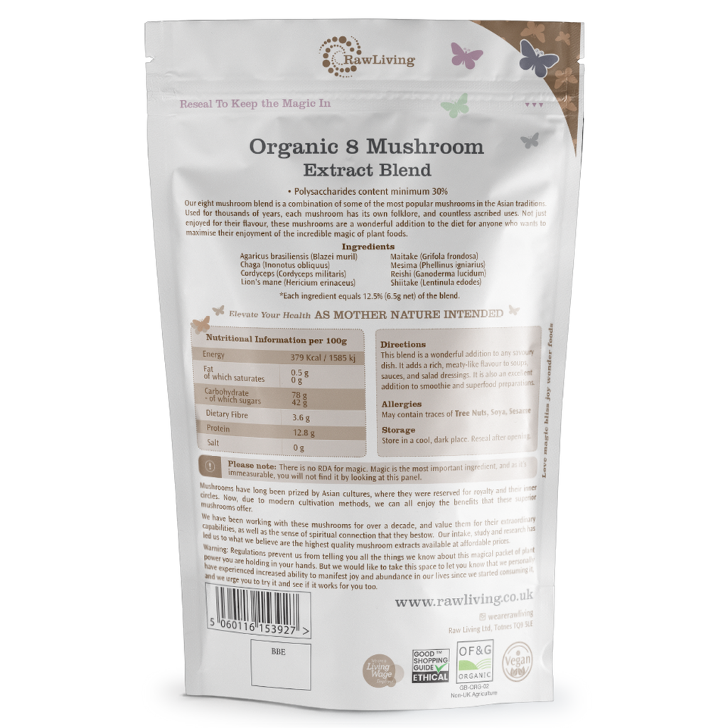 Raw Living 8 Mushrooms 8:1 Organic Extract Powder
